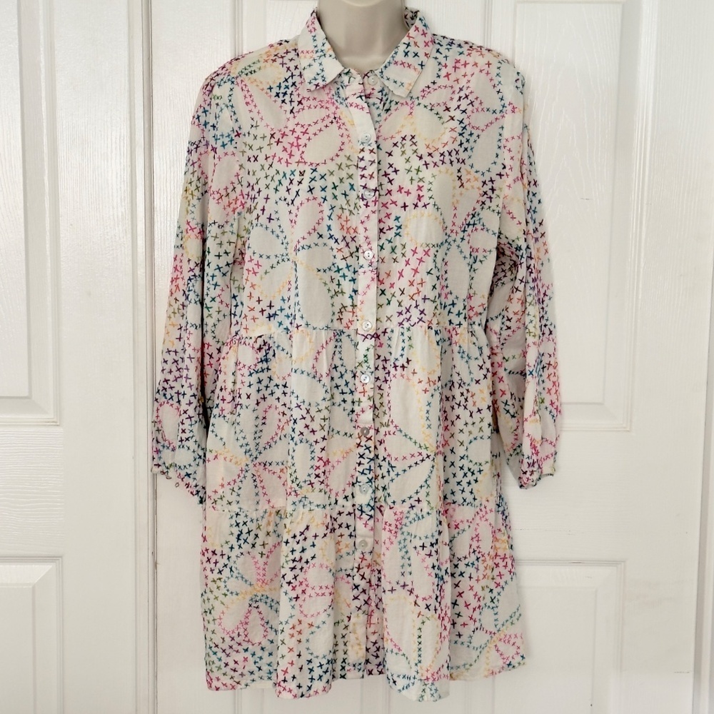 be Boho Embroidered Cotton Dress White Multicolored Stitching Bohemian M